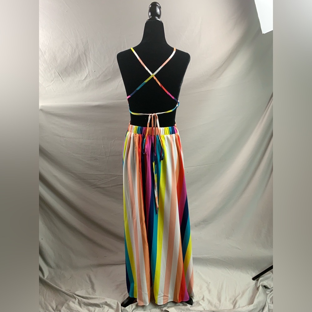Striped Crisscross Tie Backless Split Thigh Cami Dress - Picture 9 of 10